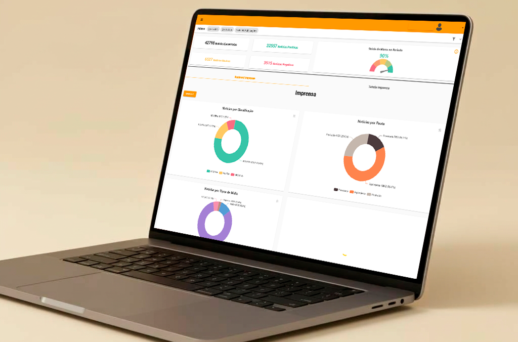 Plataforma Clipei exibindo dashboard de monitoramento de mídia em notebook