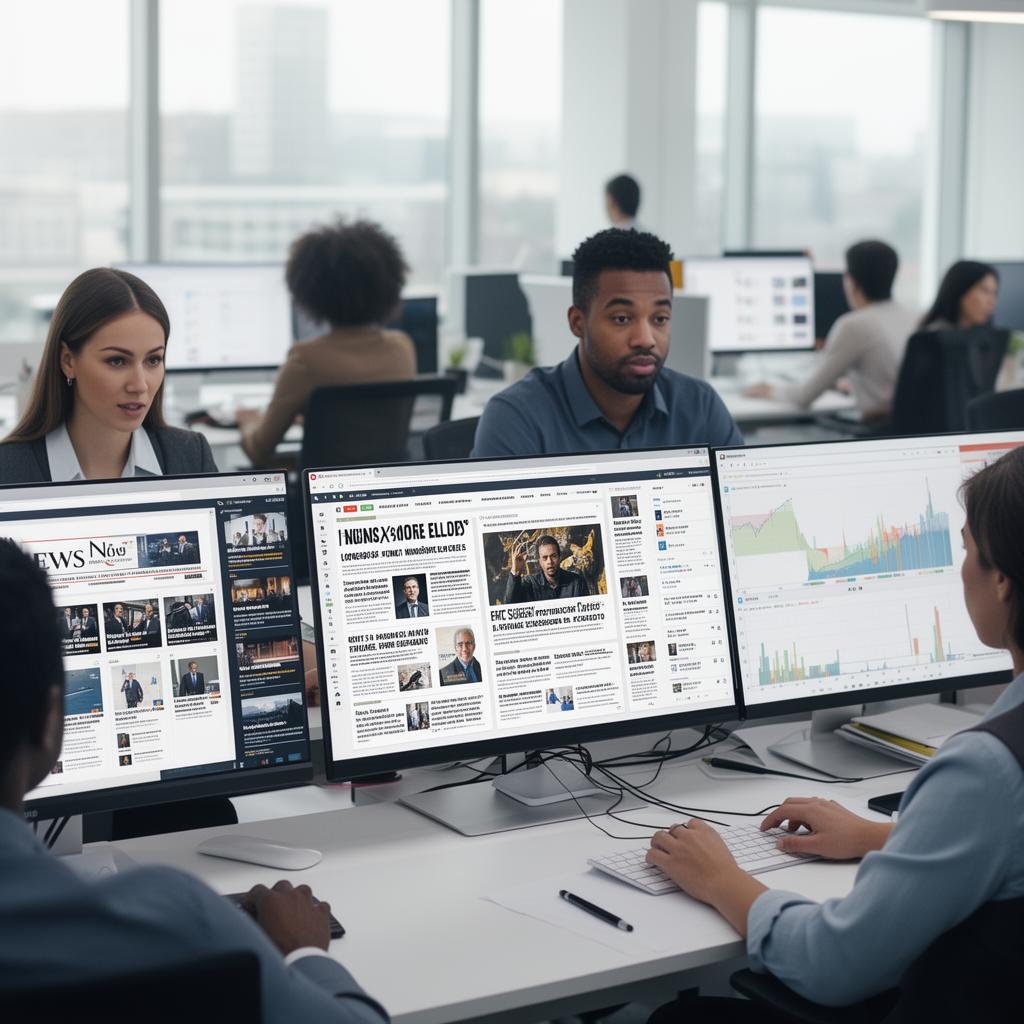 Analista monitorando notícias, dados de reputação e narrativas em múltiplas telas